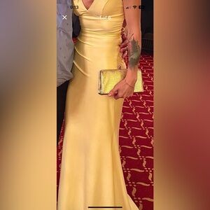 Evening gown with low back, side slit, modest train. XS, excellent condition.